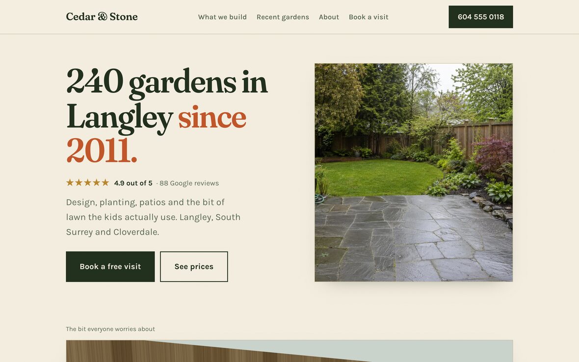 The Cedar and Stone website on a laptop: warm cream paper, a serif headline reading 240 gardens in Langley since 2011, beside a photograph of a finished garden.
