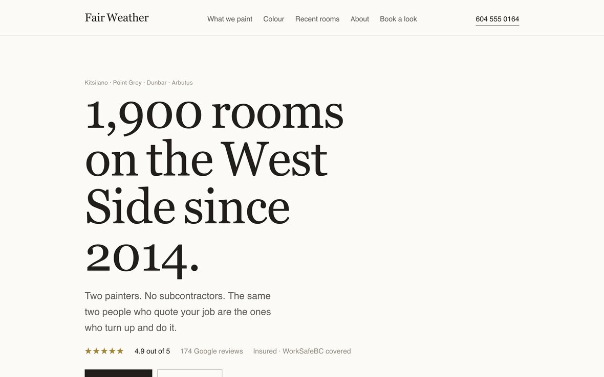 The Fair Weather Painting website on a laptop: a pale bone page with a large serif headline reading 1,900 rooms on the West Side since 2014.