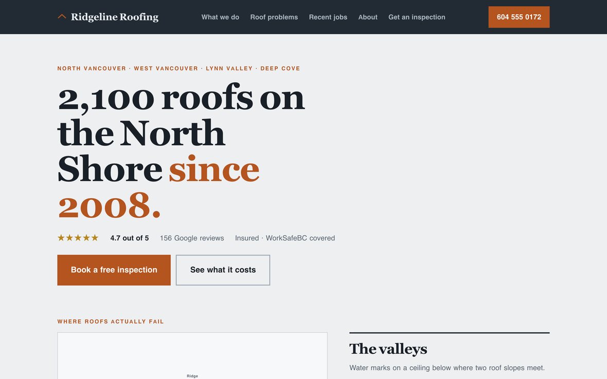 The Ridgeline Roofing website on a laptop: a cool grey page with a dark header band and a slab-serif headline reading 2,100 roofs on the North Shore since 2008.