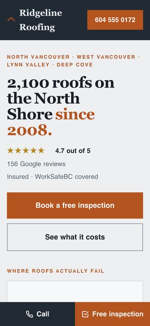 The same Ridgeline page on a phone, with call and inspection buttons fixed along the bottom.