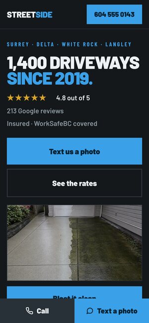 The same Streetside page on a phone, with call and text buttons fixed along the bottom.