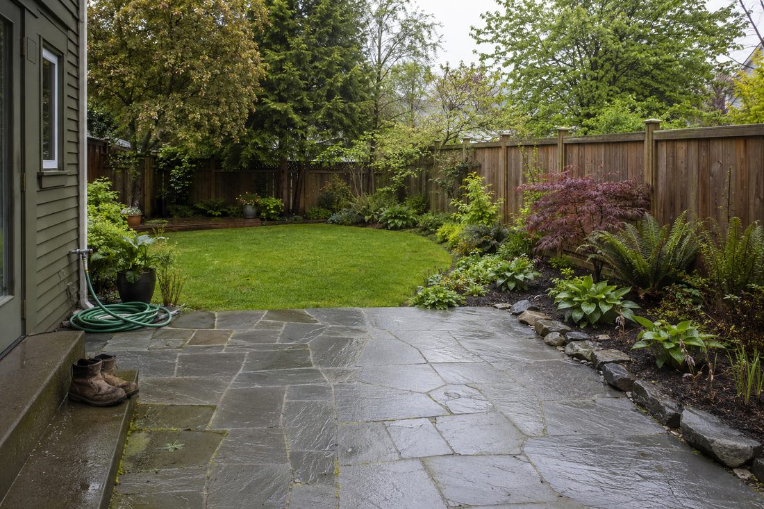 A finished back garden in Langley with flagstone patio, small lawn, deep planting beds against a cedar fence, a coiled hose and muddy boots by the back step.