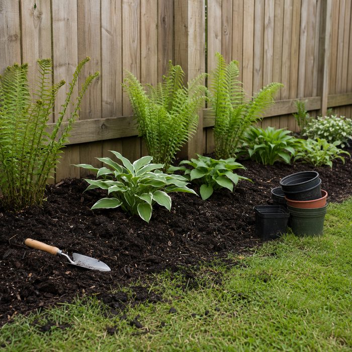 A freshly planted bed of ferns and hostas in dark loose mulch, with nursery pots stacked to one side and a trowel left in the soil.