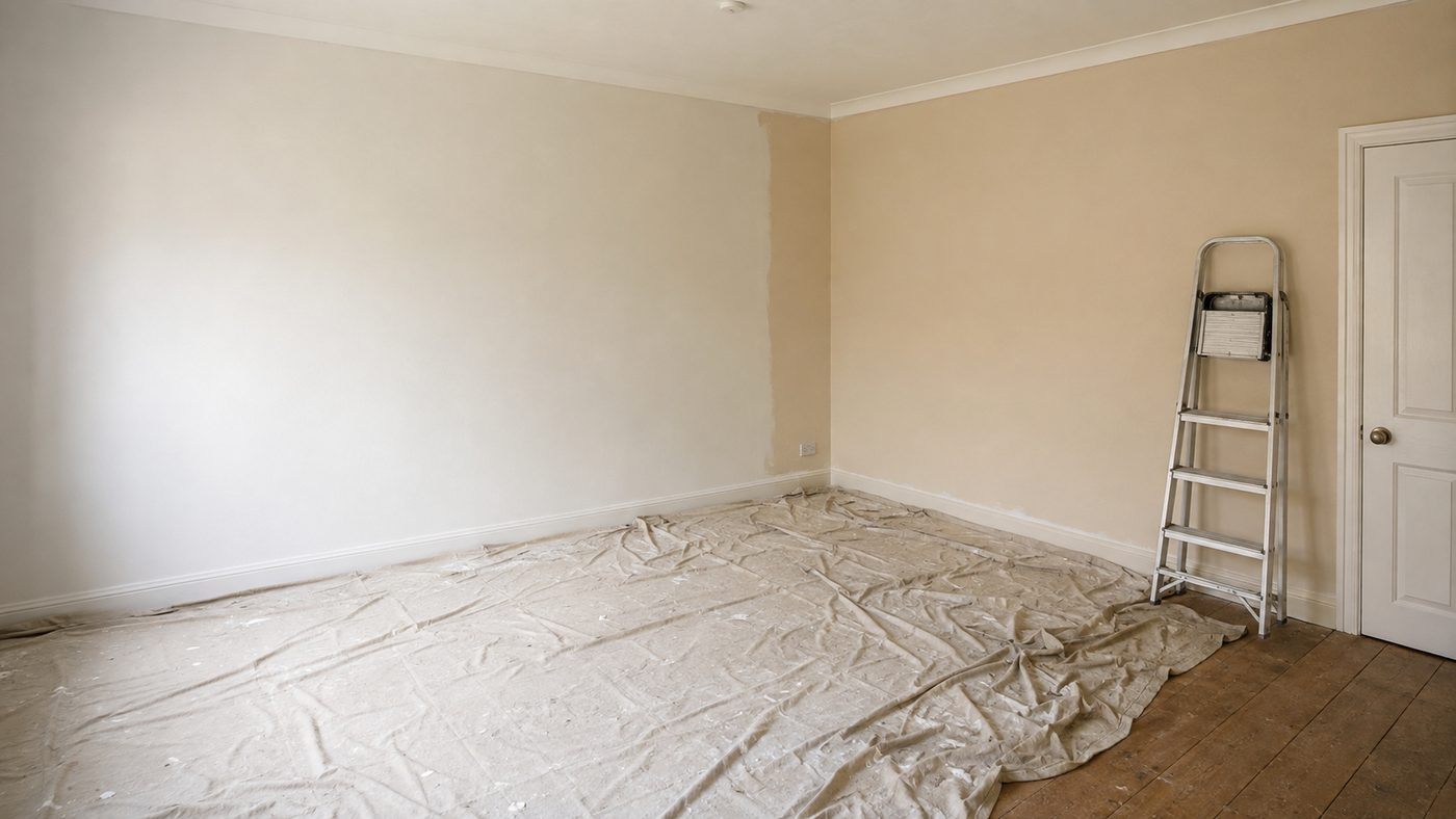 An empty room part-way through being repainted, one wall finished, canvas dust sheets over the floor.
