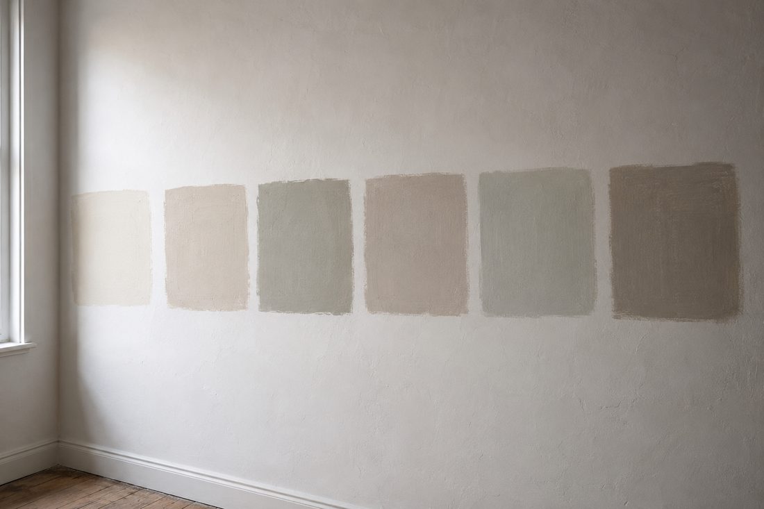 Six large squares of paint colour brushed directly onto a bare plaster wall in a row.