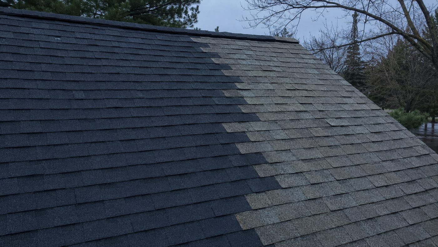 A roof slope where new dark shingles meet older weather-faded ones along a clean line.